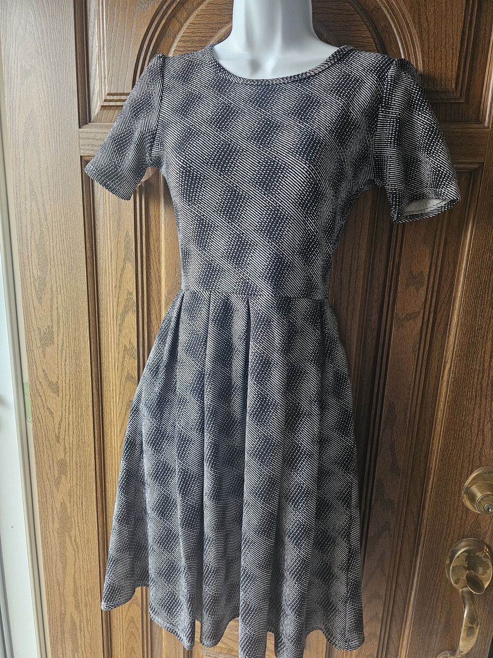 LulaRoe Black and Light grey Patterned Short-Sleeve Fit & Flare Dress